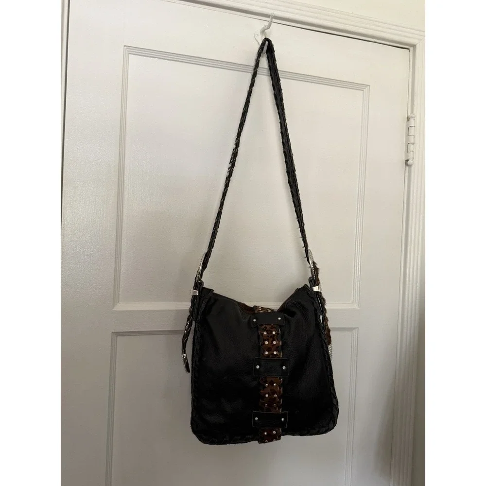 Charm And Luck Bag Y2K Leather Ponyhair Rhinestones Buckles Stud‎ Gold VTG